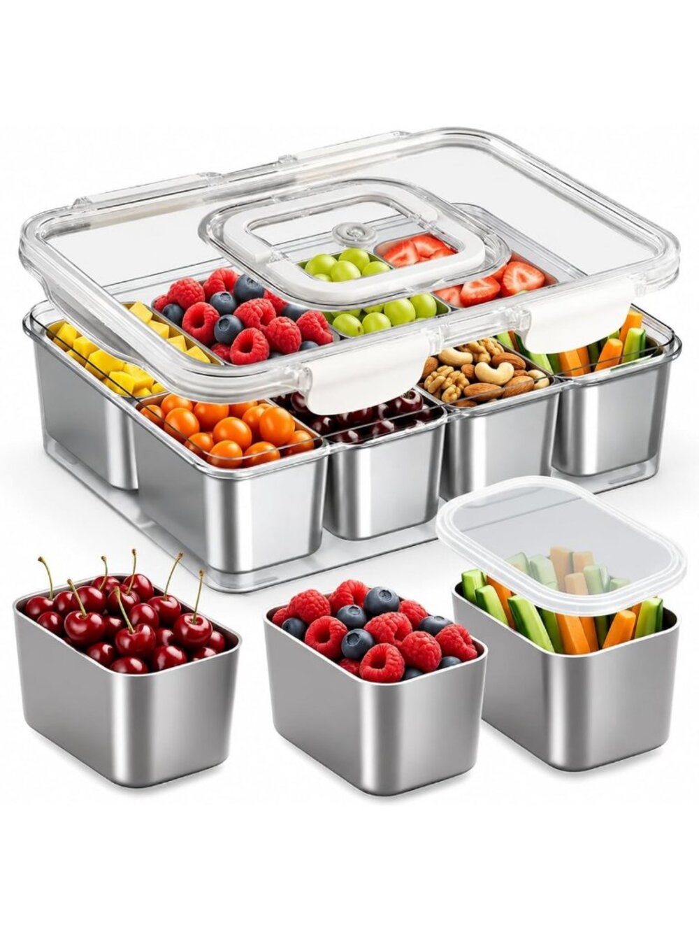 Stainless Steel Snack Box - 8 Compartment Divided Serving Tray for Snacks & Meal